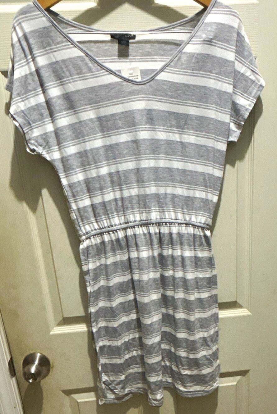 NWT AQUA Gray/White Striped V-Neck Romper Dress L $68 Retail Elastic Waist WO-40